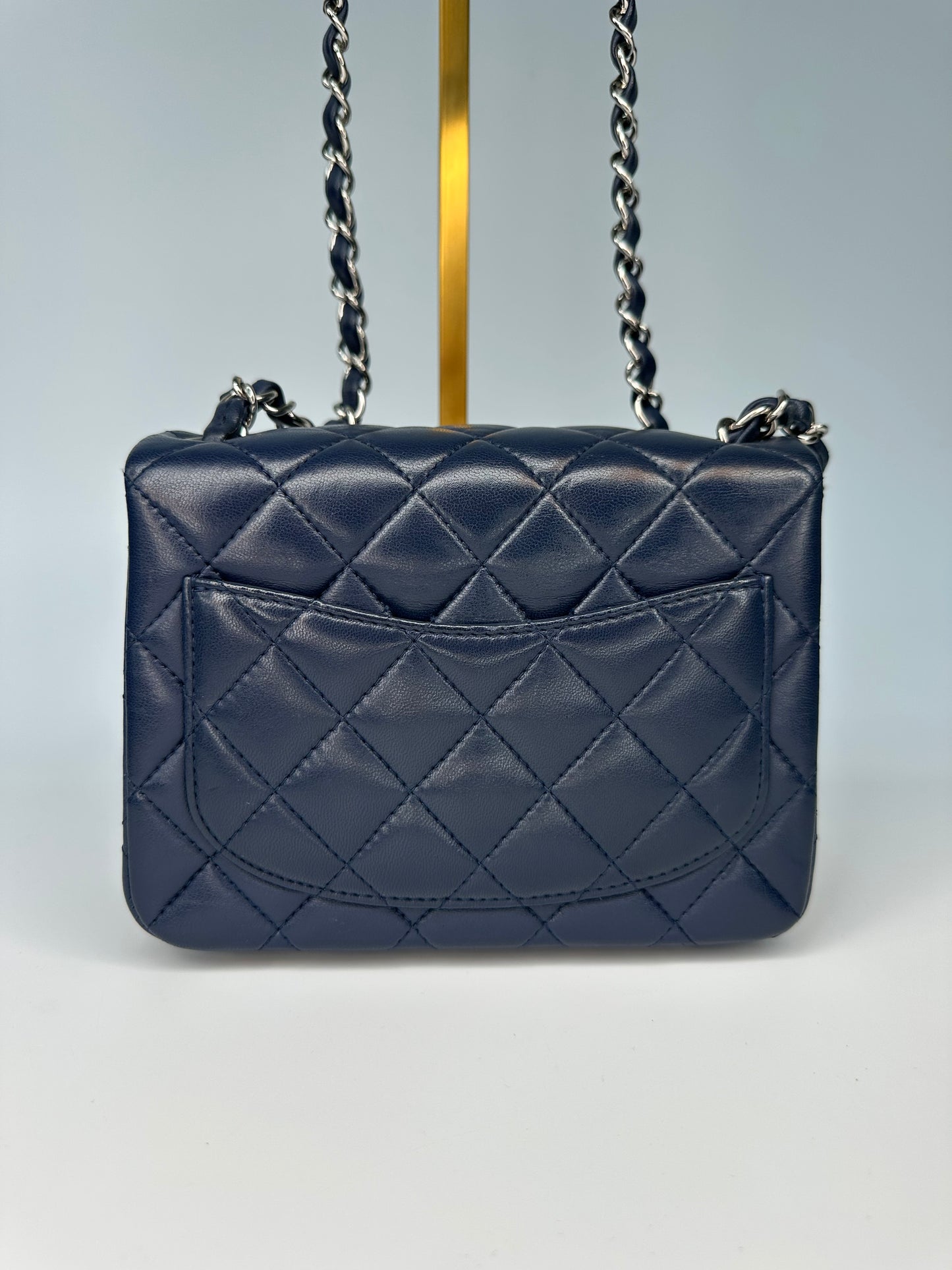 Chanel Mini Classic Square Single Flap Crossbody Lambskin Leather Navy Blue