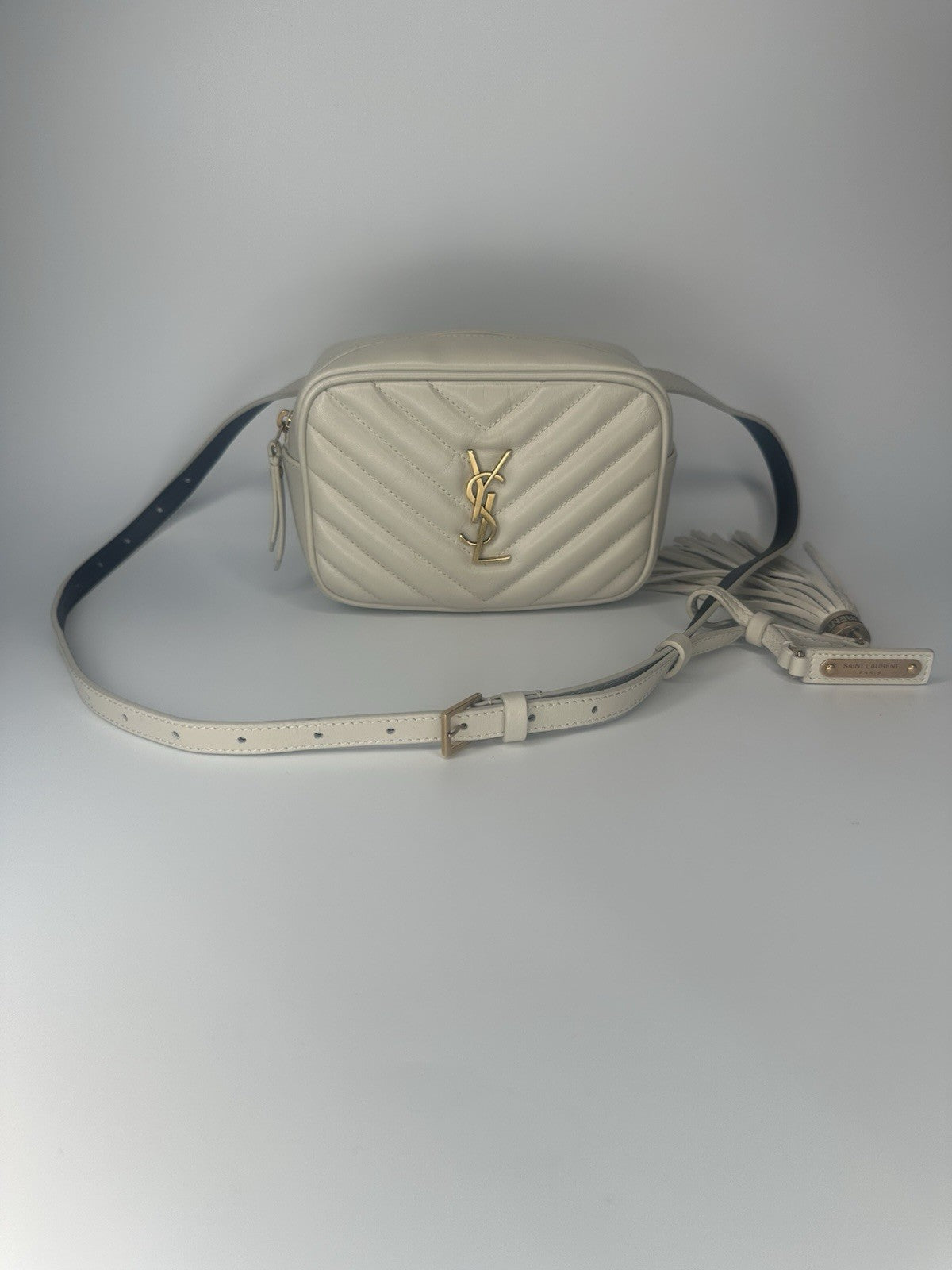 YSL Saint Laurent Cross Body Bag Beige Leather Gold Hardware