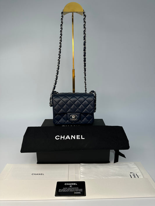 Chanel Mini Classic Square Single Flap Crossbody Lambskin Leather Navy Blue
