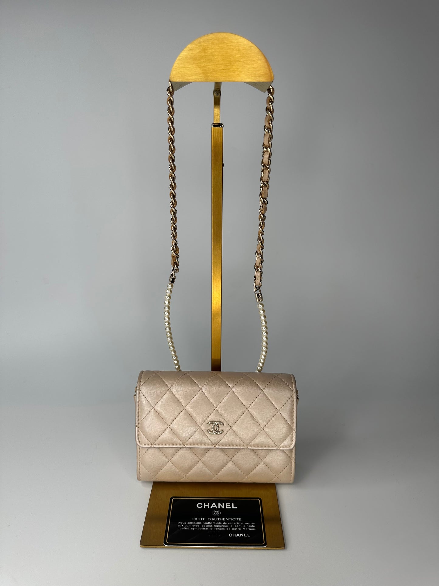 Chanel Lambskin Quilted Pearl Clutch With Chain Bag