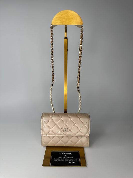 Chanel Lambskin Quilted Pearl Clutch With Chain Bag