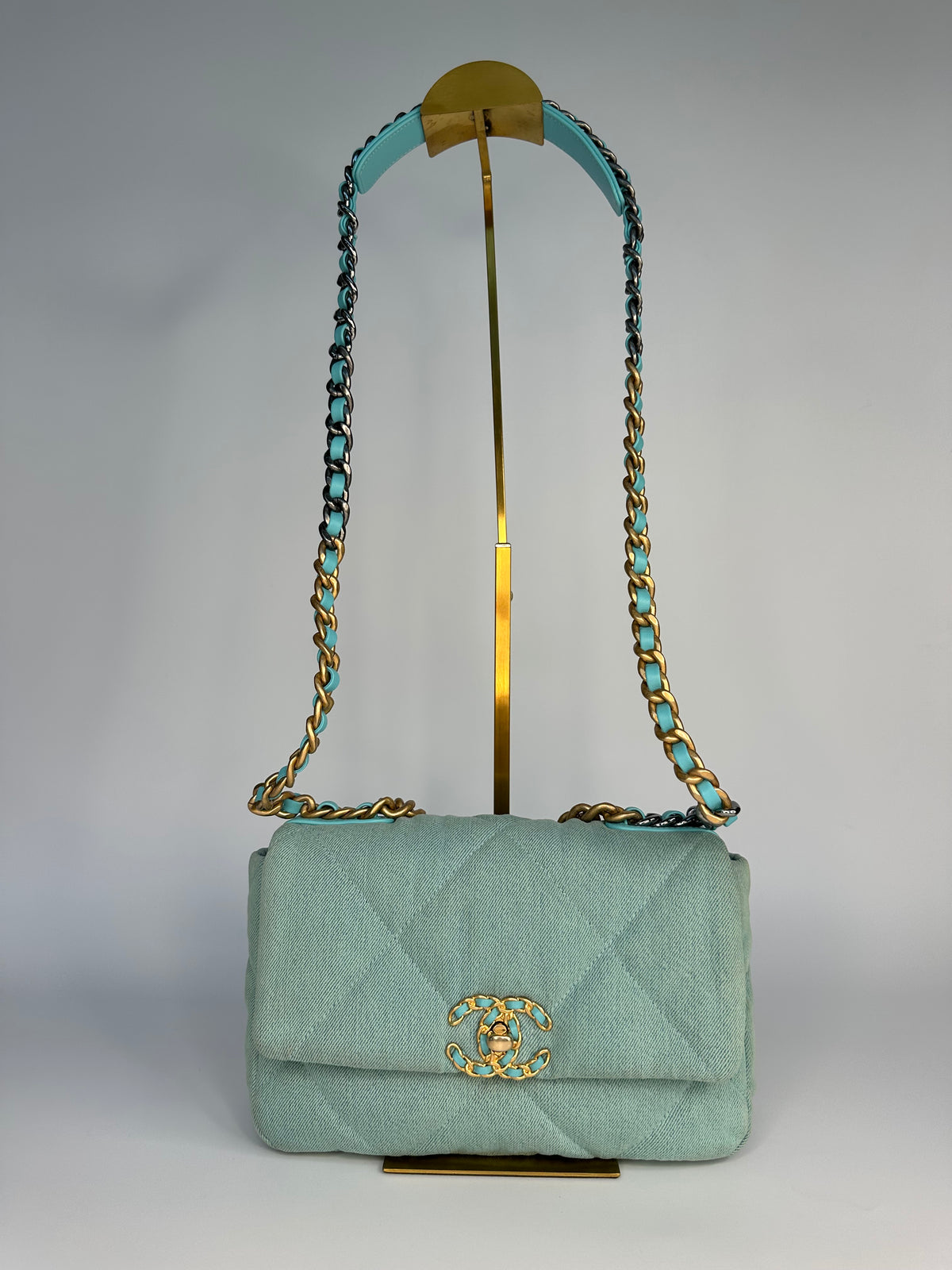 ChanelLight Blue Quilted Denim & Turquoise Lambskin Leather Small 19 Flap Bag
