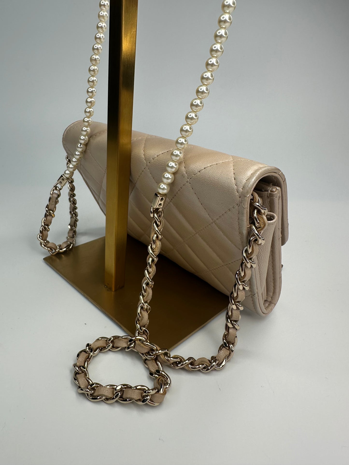 Chanel Lambskin Quilted Pearl Clutch With Chain Bag