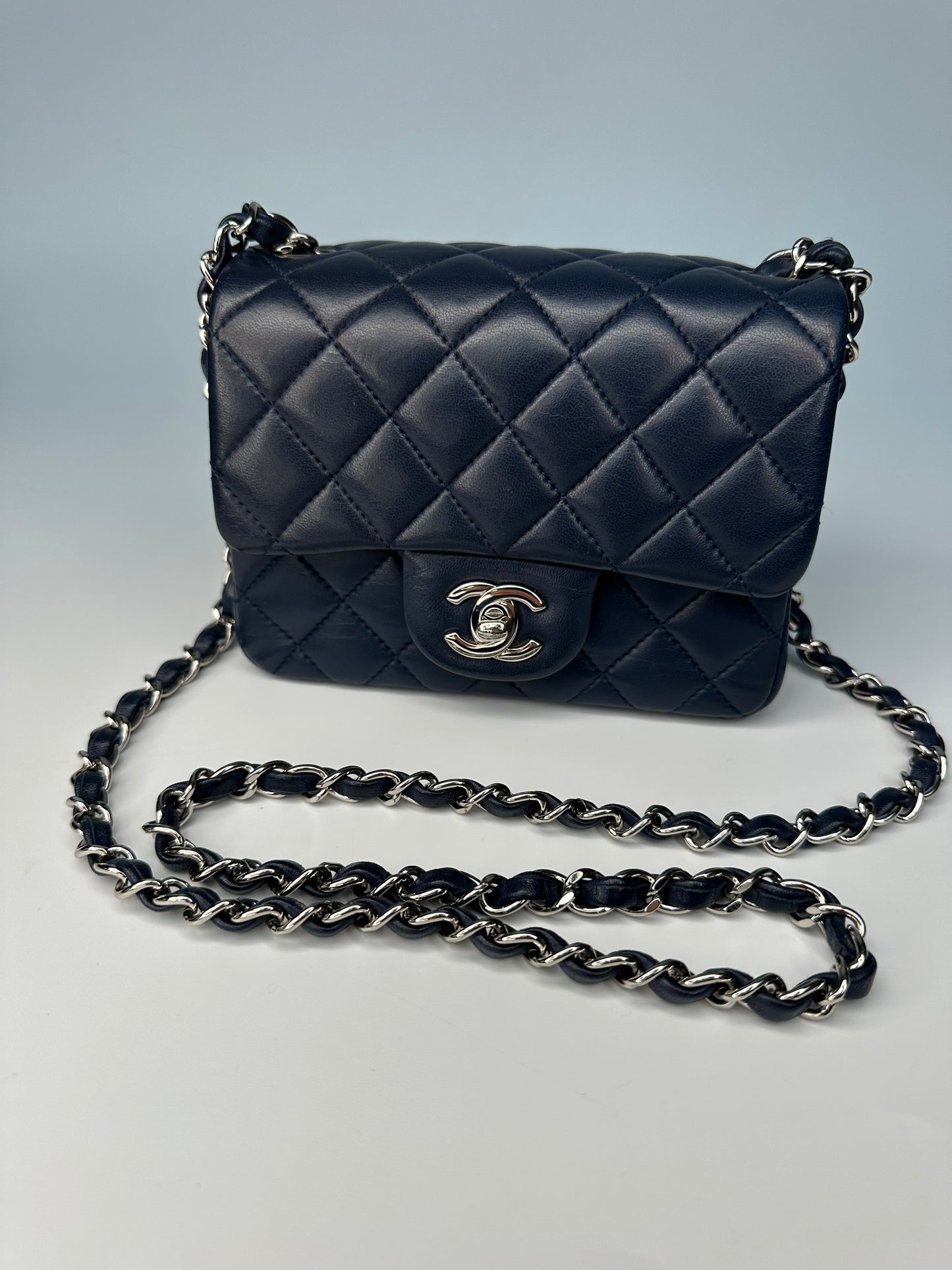 Chanel Mini Classic Square Single Flap Crossbody Lambskin Leather Navy Blue