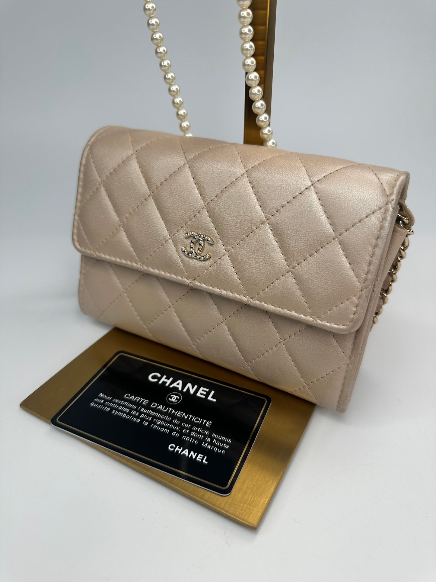 Chanel Lambskin Quilted Pearl Clutch With Chain Bag