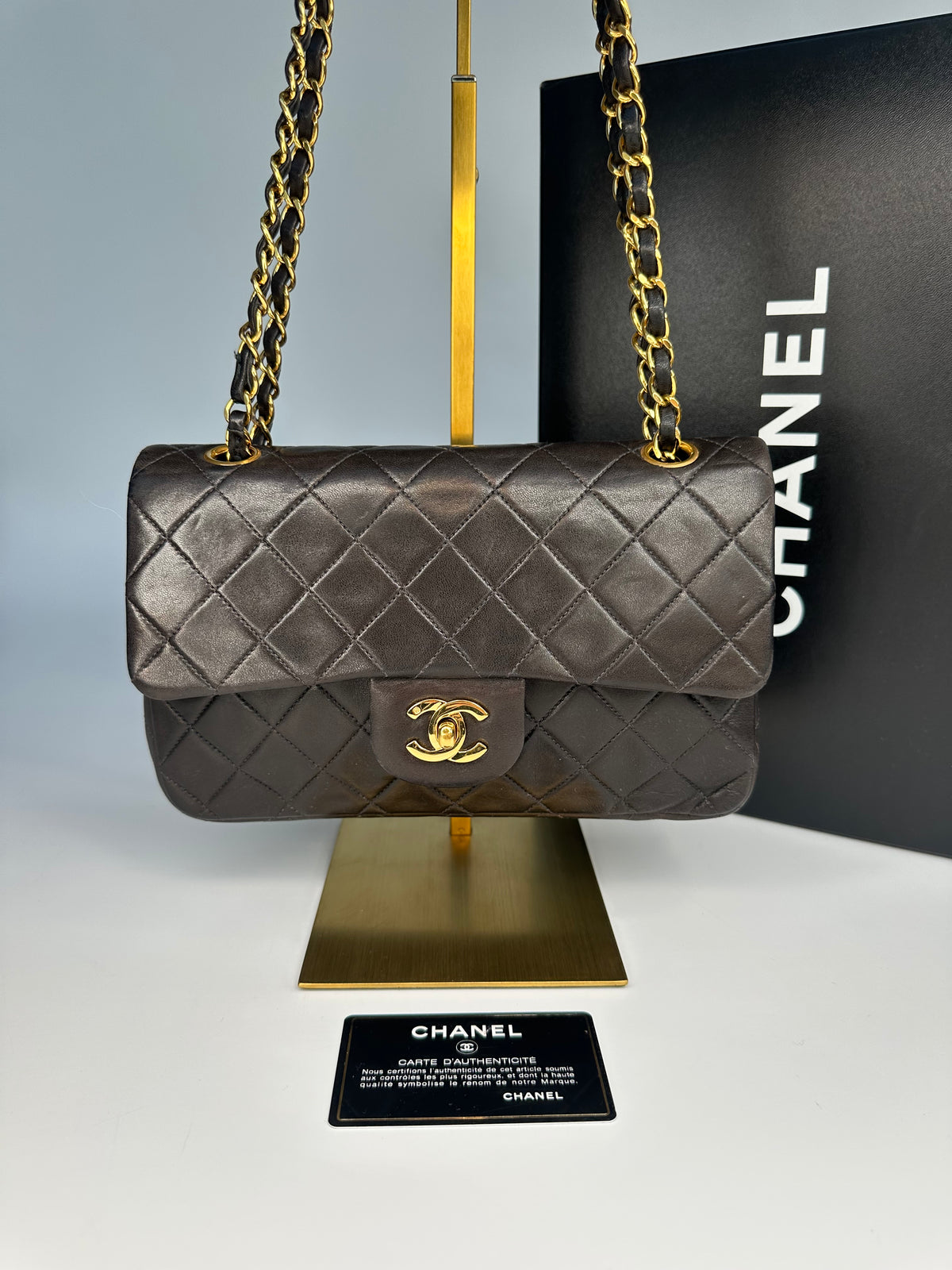 Chanel Black (Chocolate Brown Patina) Lambskin Small Classic Double Flap Bag