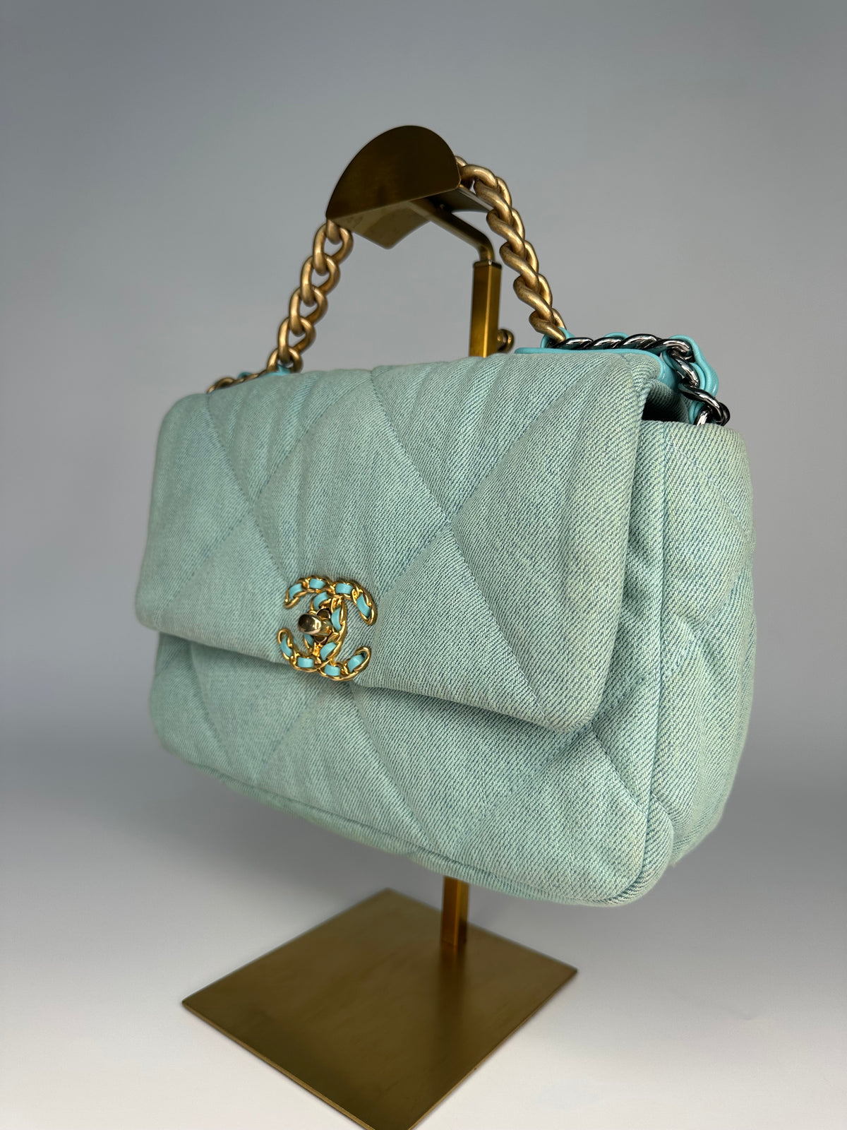 ChanelLight Blue Quilted Denim & Turquoise Lambskin Leather Small 19 Flap Bag