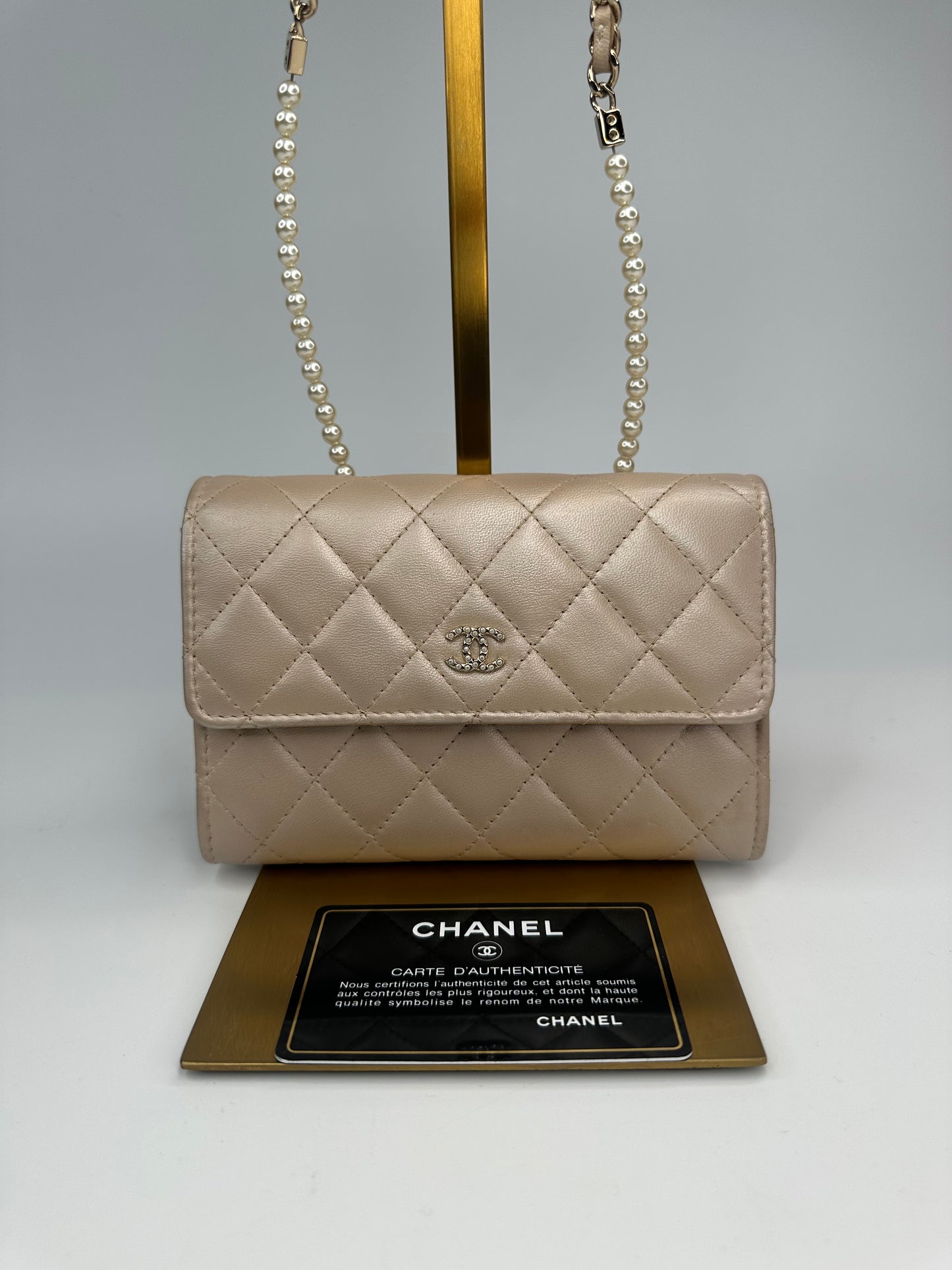 Chanel Lambskin Quilted Pearl Clutch With Chain Bag
