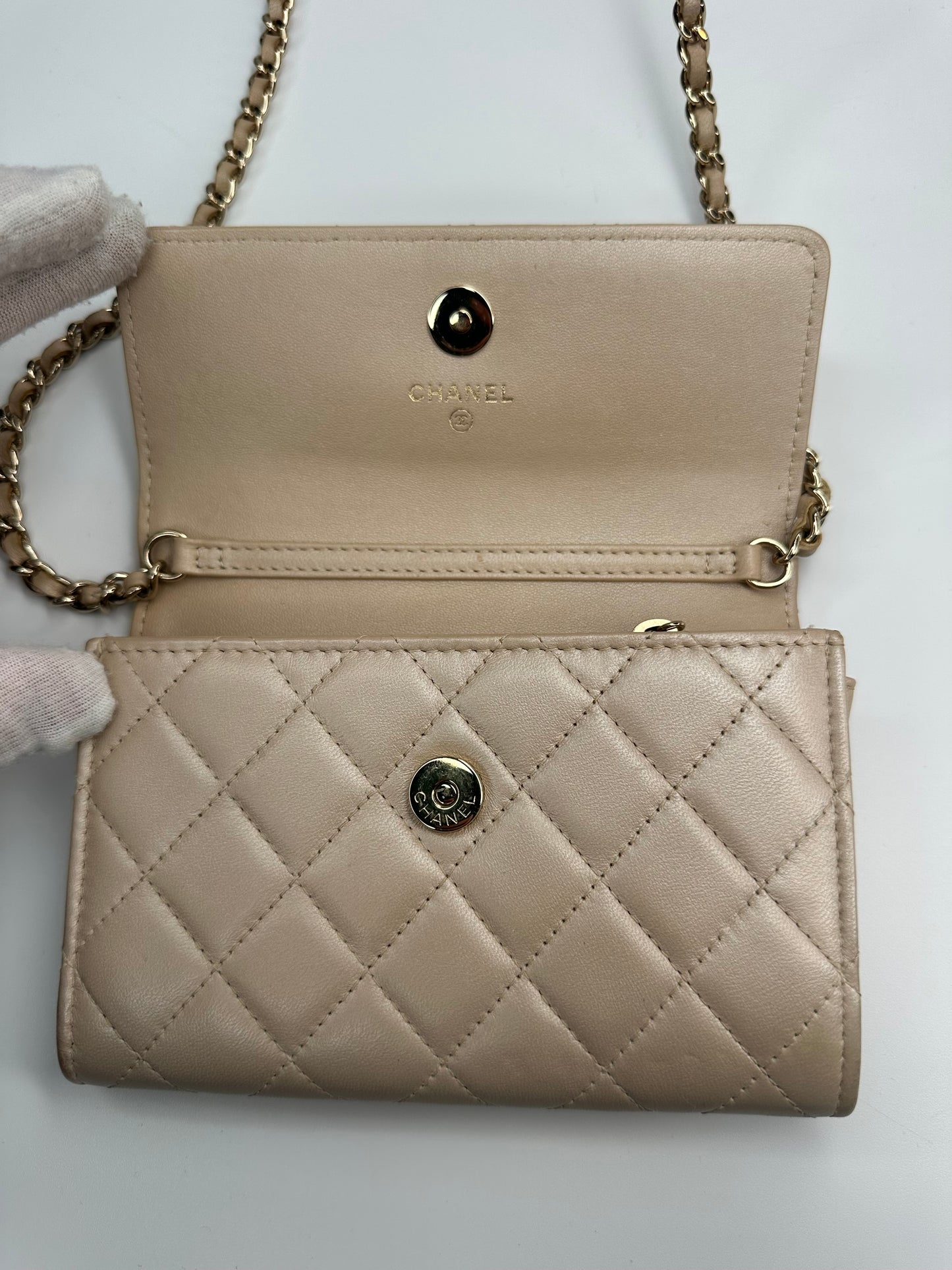 Chanel Lambskin Quilted Pearl Clutch With Chain Bag