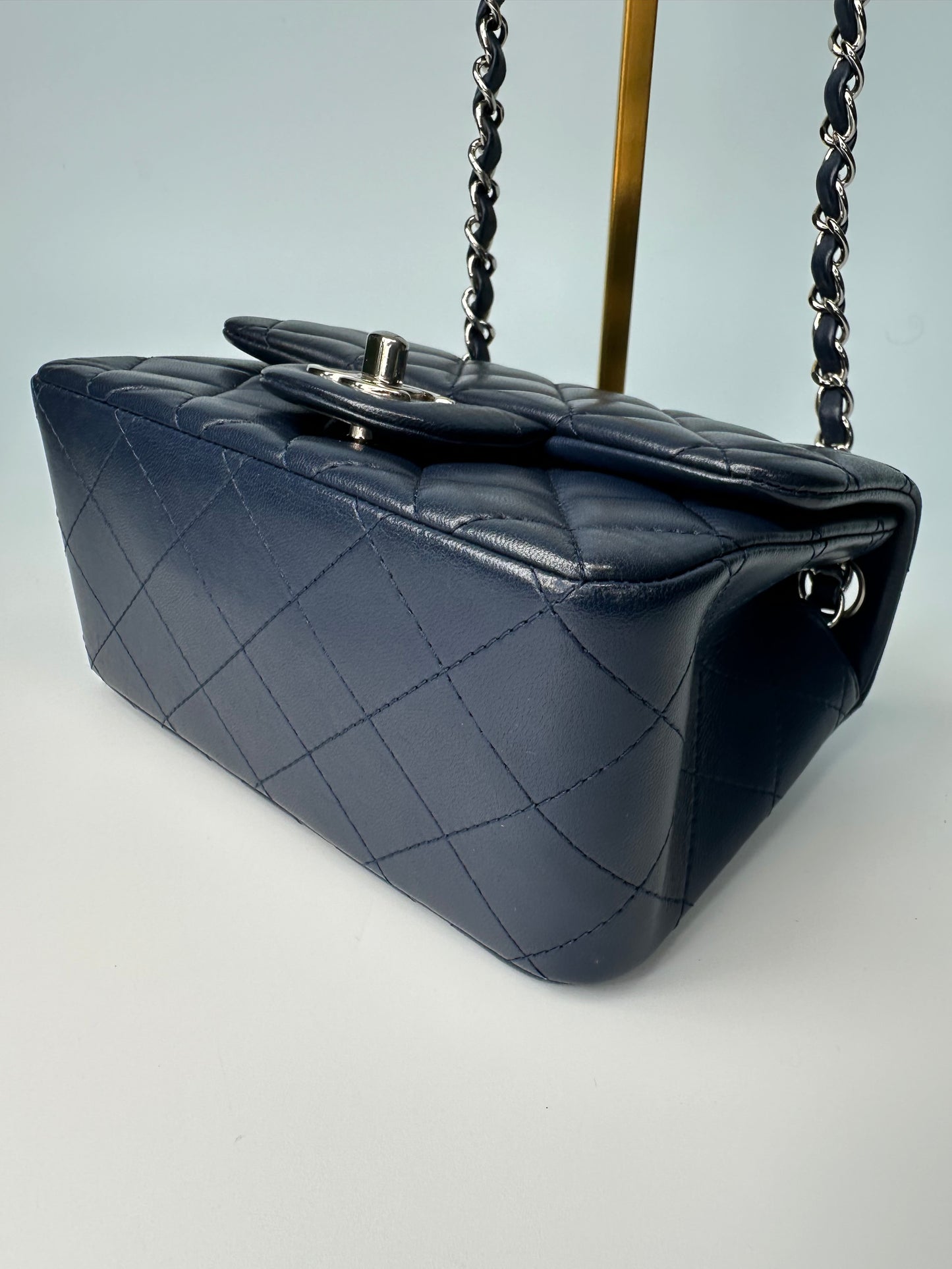 Chanel Mini Classic Square Single Flap Crossbody Lambskin Leather Navy Blue