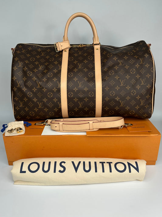 Louis Vuitton Keepall Bandoulière 55 Monogram Macassar Canvas Brown Beige