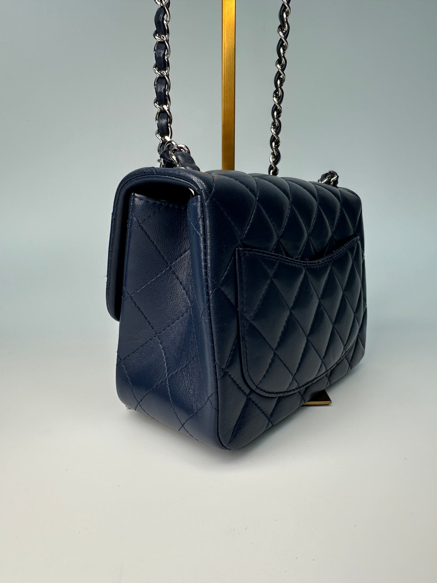 Chanel Mini Classic Square Single Flap Crossbody Lambskin Leather Navy Blue