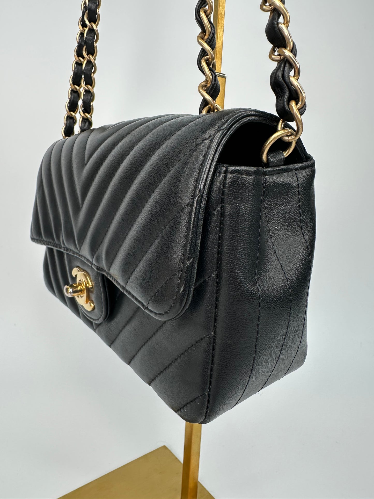 Chanel Chevron Single Flap Mini Black Leather Shoulder Bag