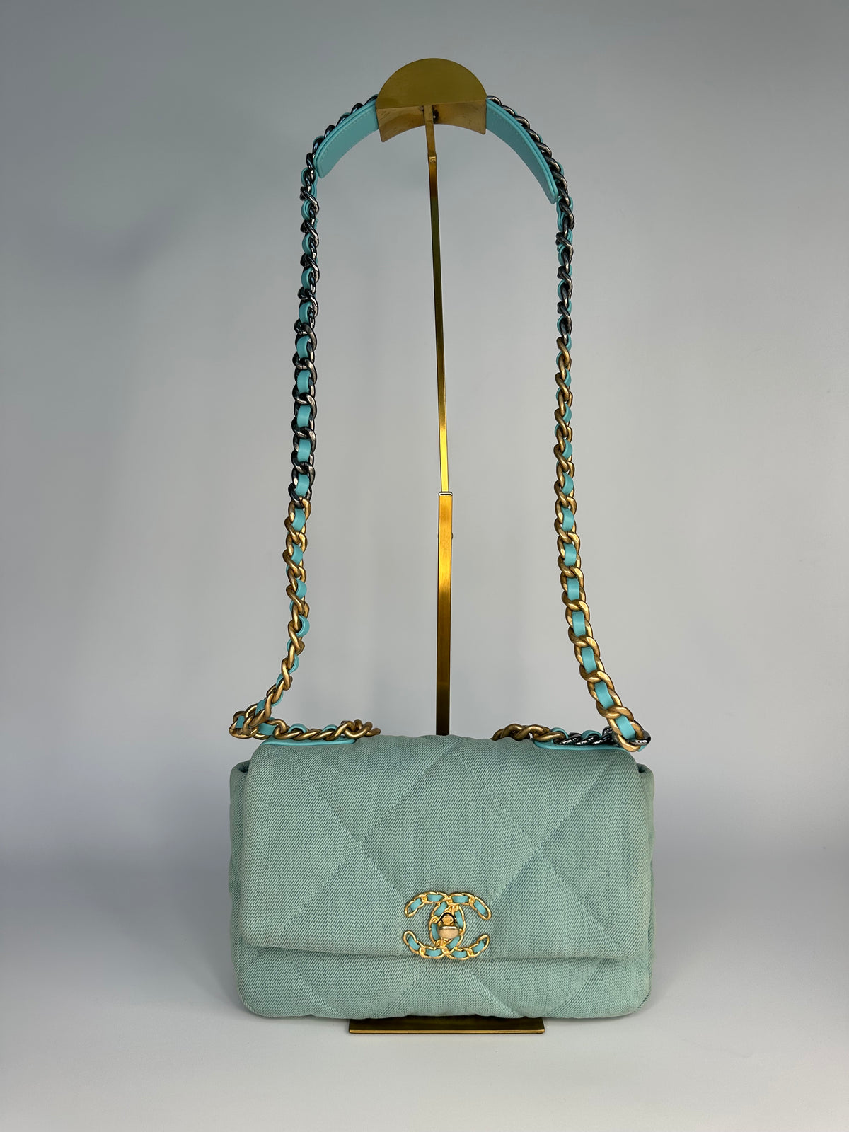 ChanelLight Blue Quilted Denim & Turquoise Lambskin Leather Small 19 Flap Bag