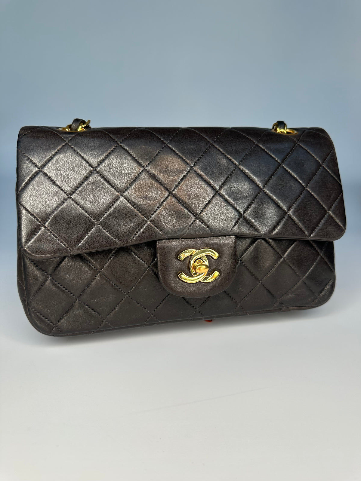 Chanel Black (Chocolate Brown Patina) Lambskin Small Classic Double Flap Bag
