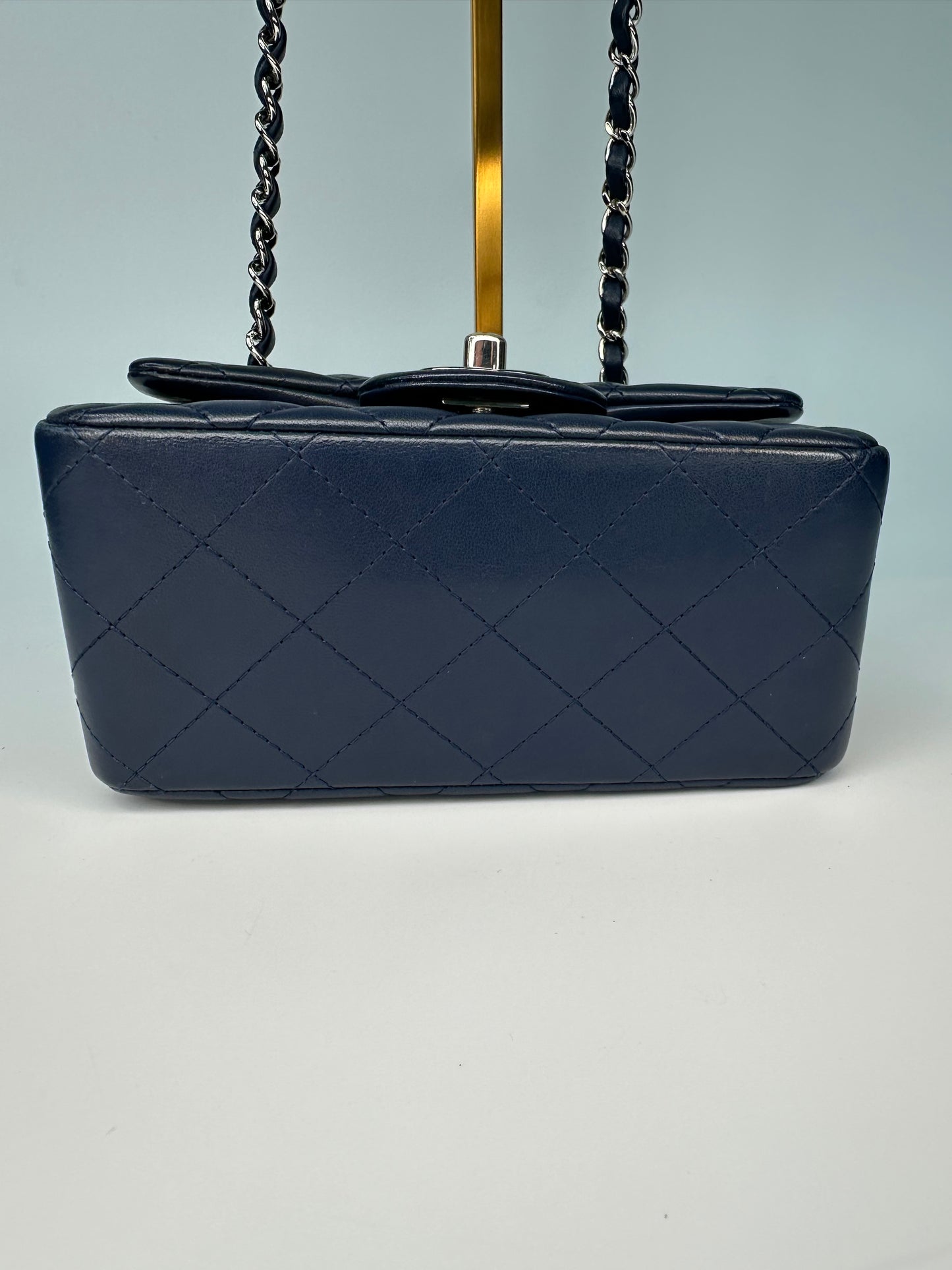 Chanel Mini Classic Square Single Flap Crossbody Lambskin Leather Navy Blue