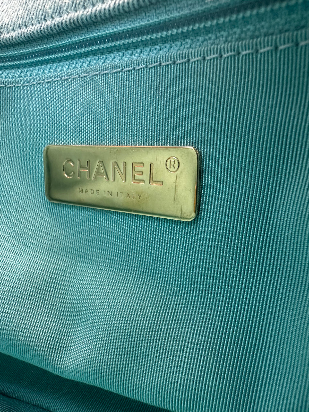 ChanelLight Blue Quilted Denim & Turquoise Lambskin Leather Small 19 Flap Bag