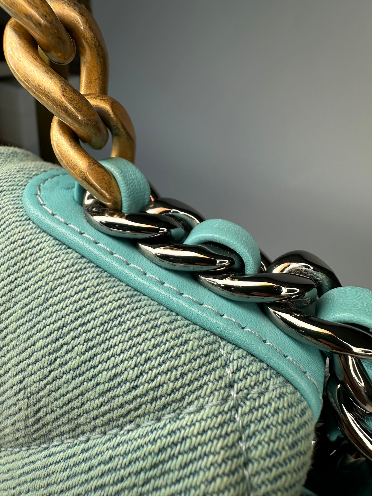 ChanelLight Blue Quilted Denim & Turquoise Lambskin Leather Small 19 Flap Bag