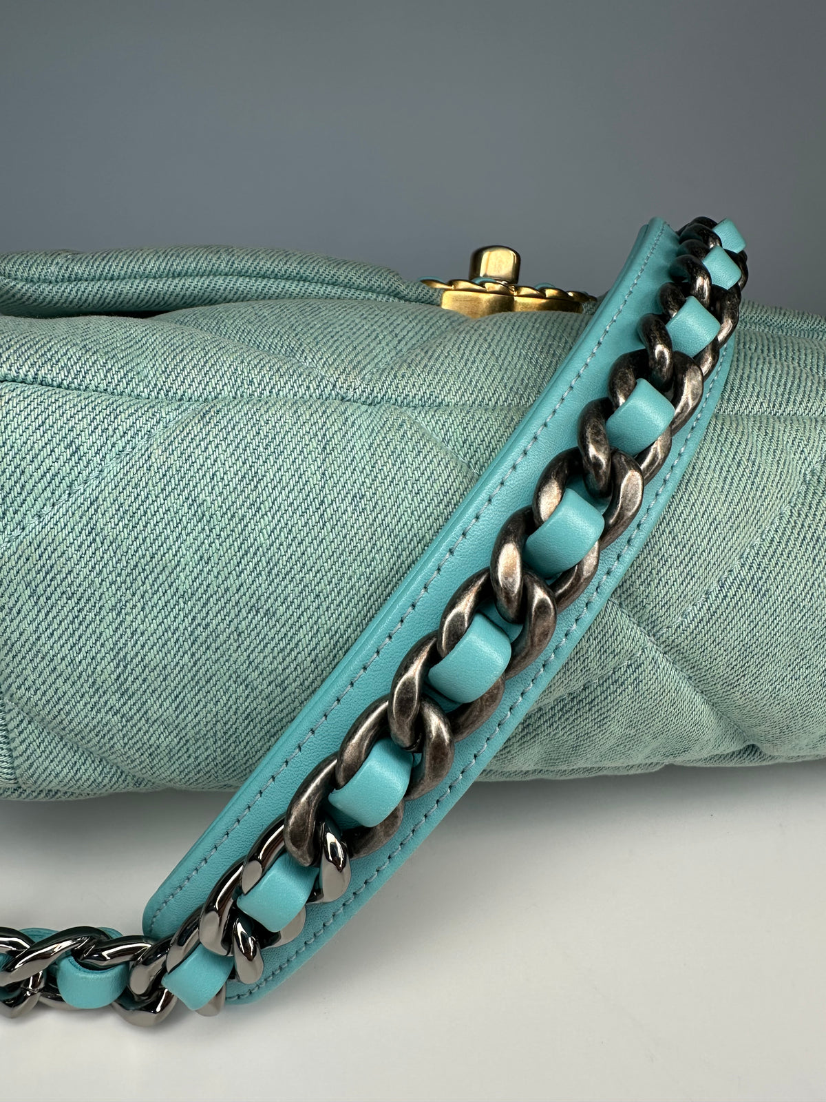 ChanelLight Blue Quilted Denim & Turquoise Lambskin Leather Small 19 Flap Bag