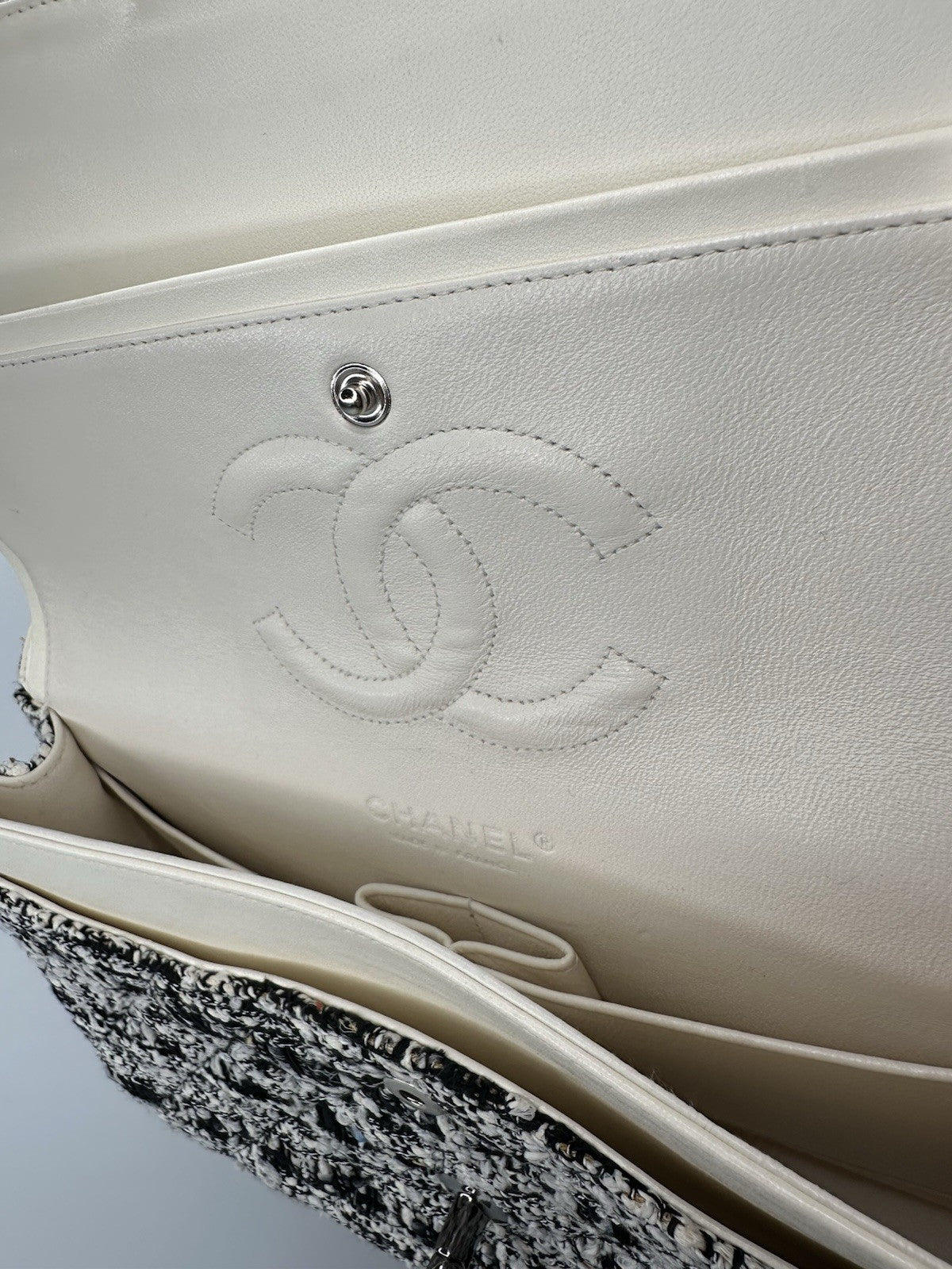 Chanel Medium Classic Double Flap Crossbody Shoulder Bag Tweed Black White