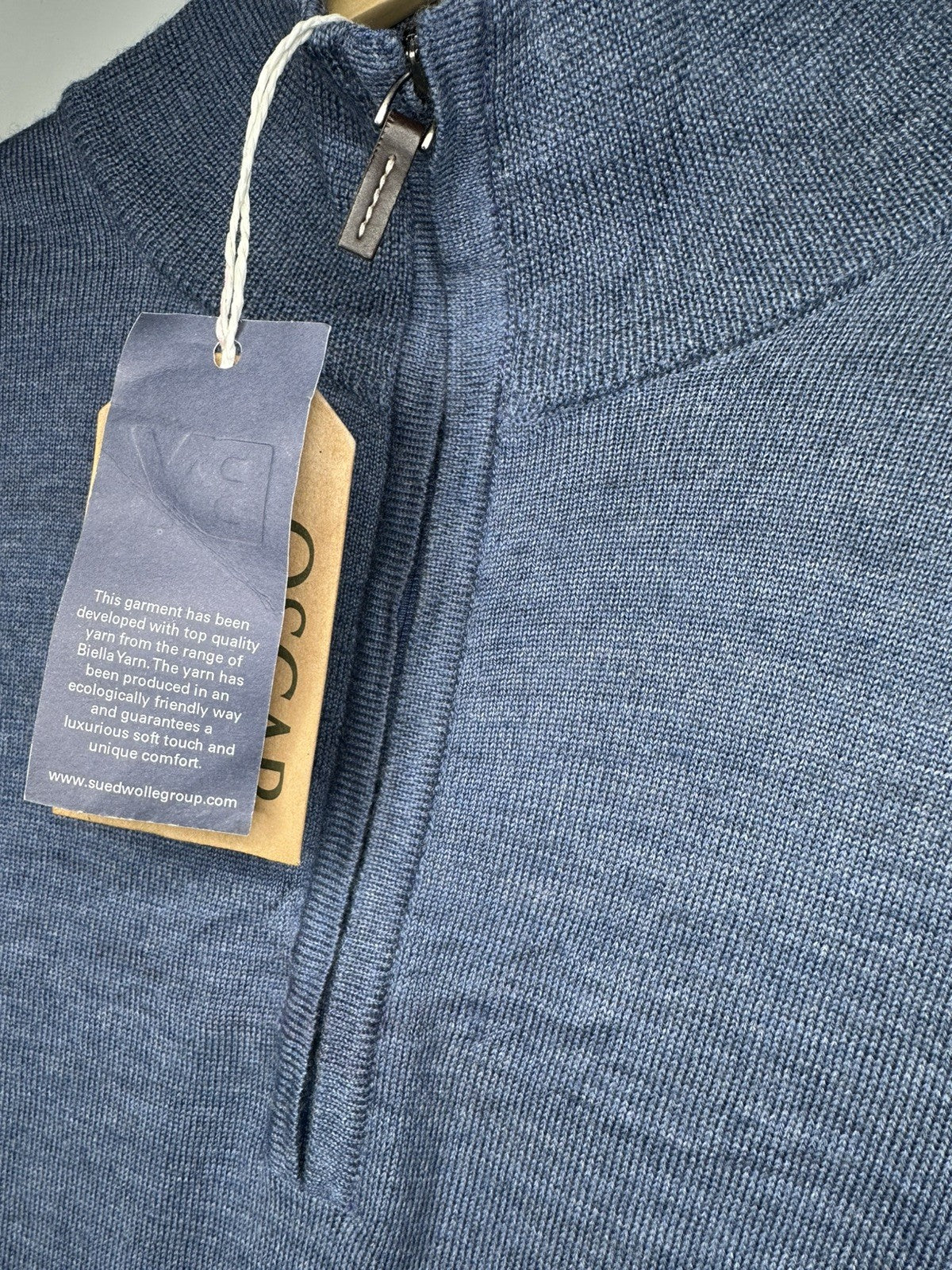 Oscar Milo Bella Yarn Large Quarter Zip Mens Blue Merino Wool