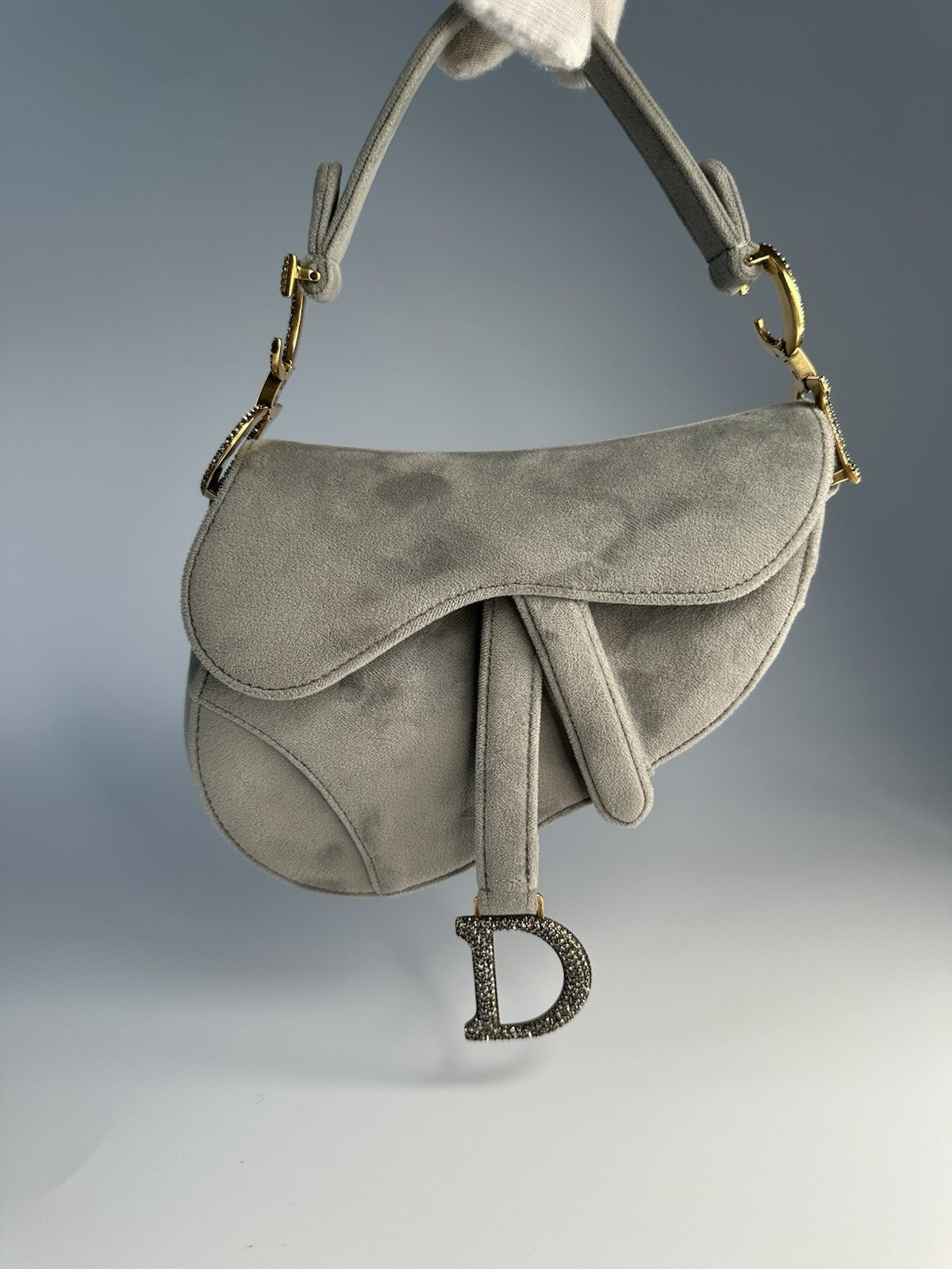 Christian Dior Saddle Shoulder Bag Mini Grey Velvet Crystal Embellished
