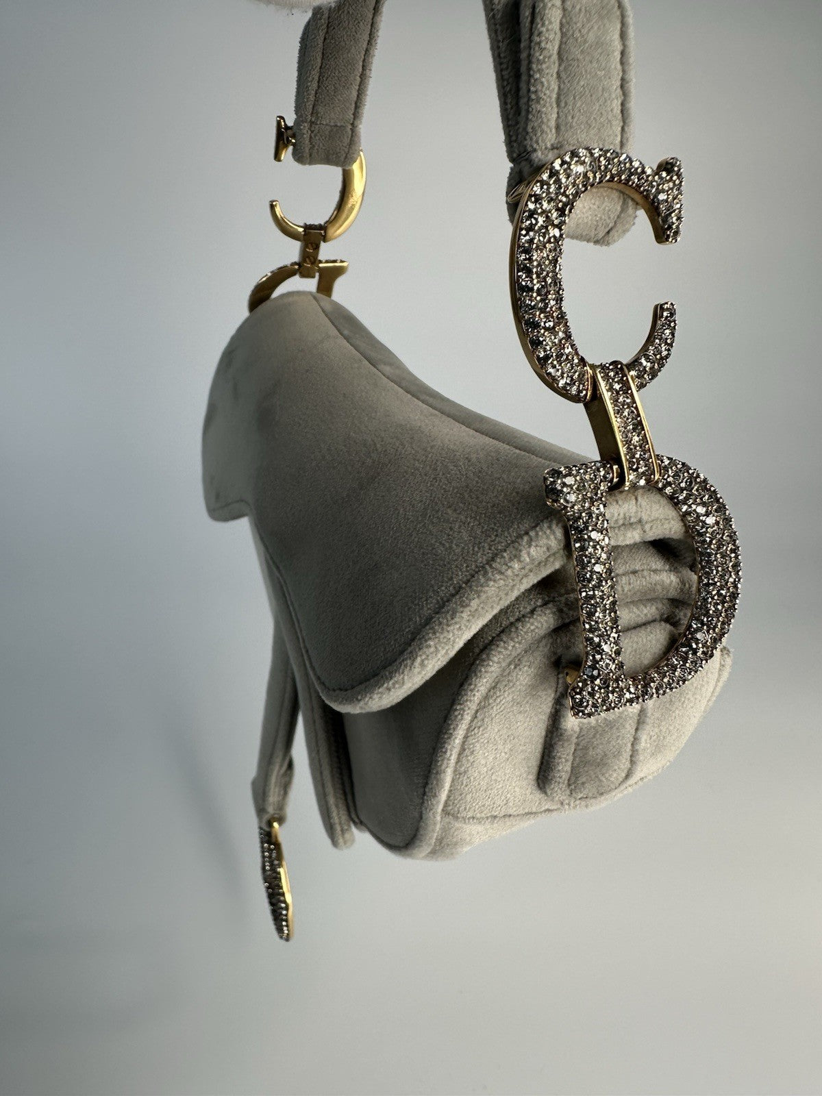 Christian Dior Saddle Shoulder Bag Mini Grey Velvet Crystal Embellished
