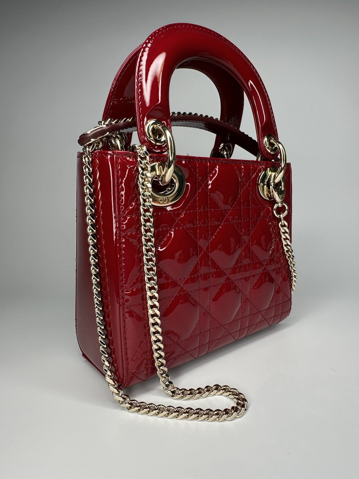 Lady Dior Mini Patent Leather Bag  Cherry Red - With Detachable Chain