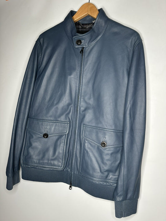 Dunhill Men's Leather Lambskin Harrington Jacket Size XL Petrol Blue