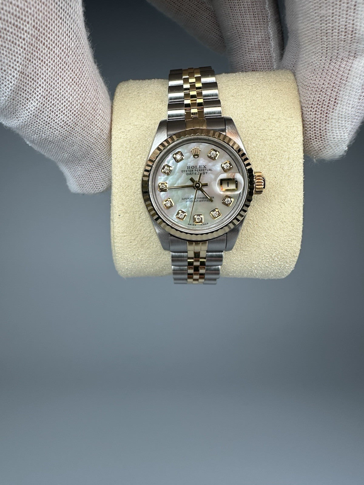Ladies Steel & Gold Rolex Datejust White Mother Of Pearl Diamond Dial + Papers