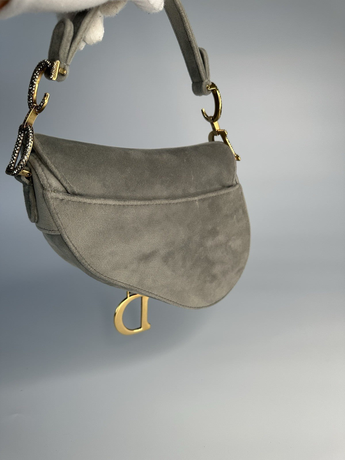 Christian Dior Saddle Shoulder Bag Mini Grey Velvet Crystal Embellished