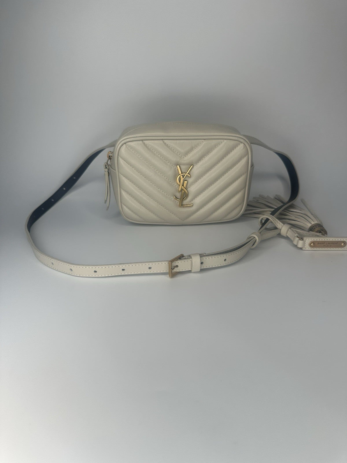 YSL Saint Laurent Cross Body Bag Beige Leather Gold Hardware