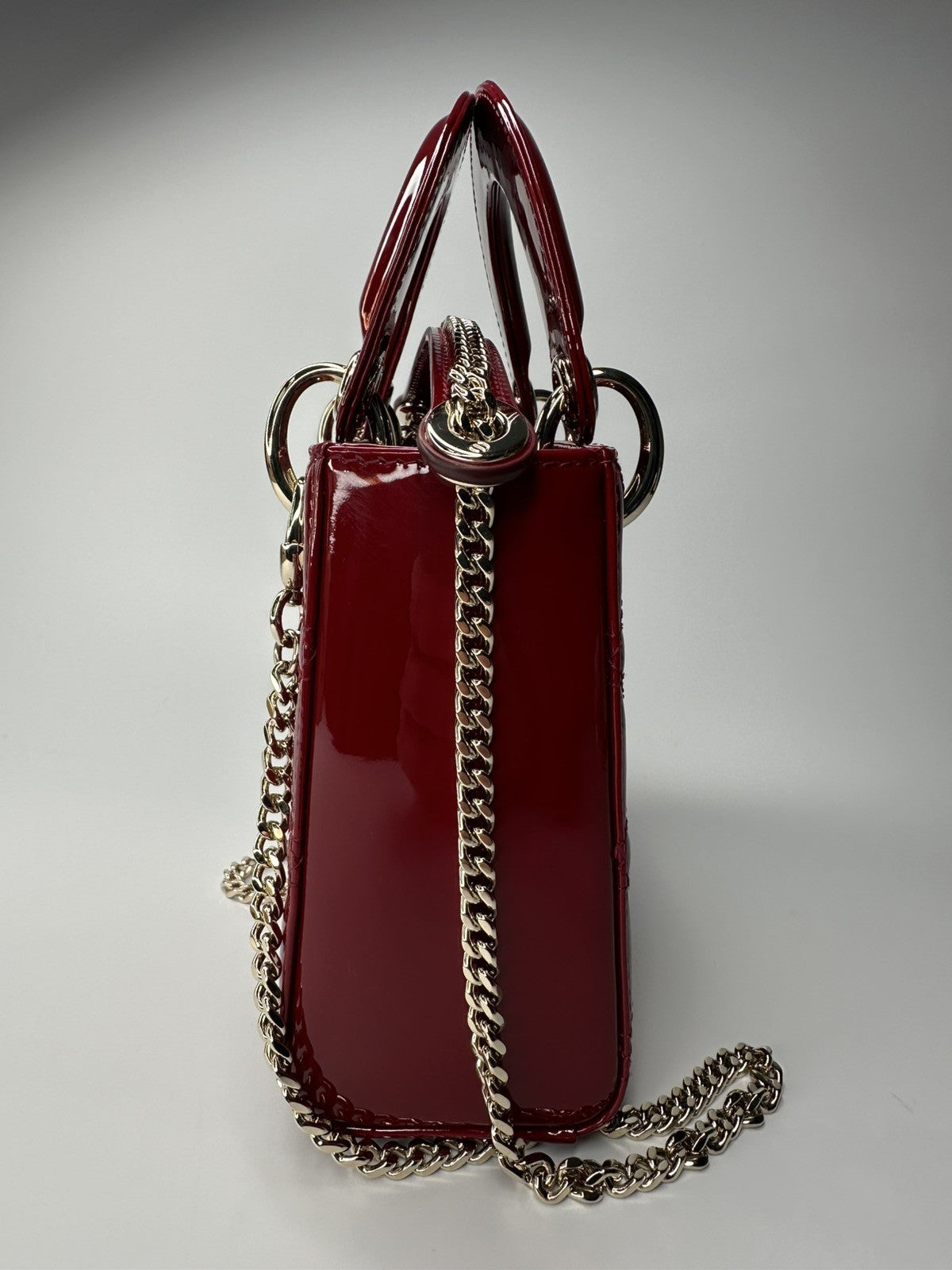 Lady Dior Mini Patent Leather Bag  Cherry Red - With Detachable Chain