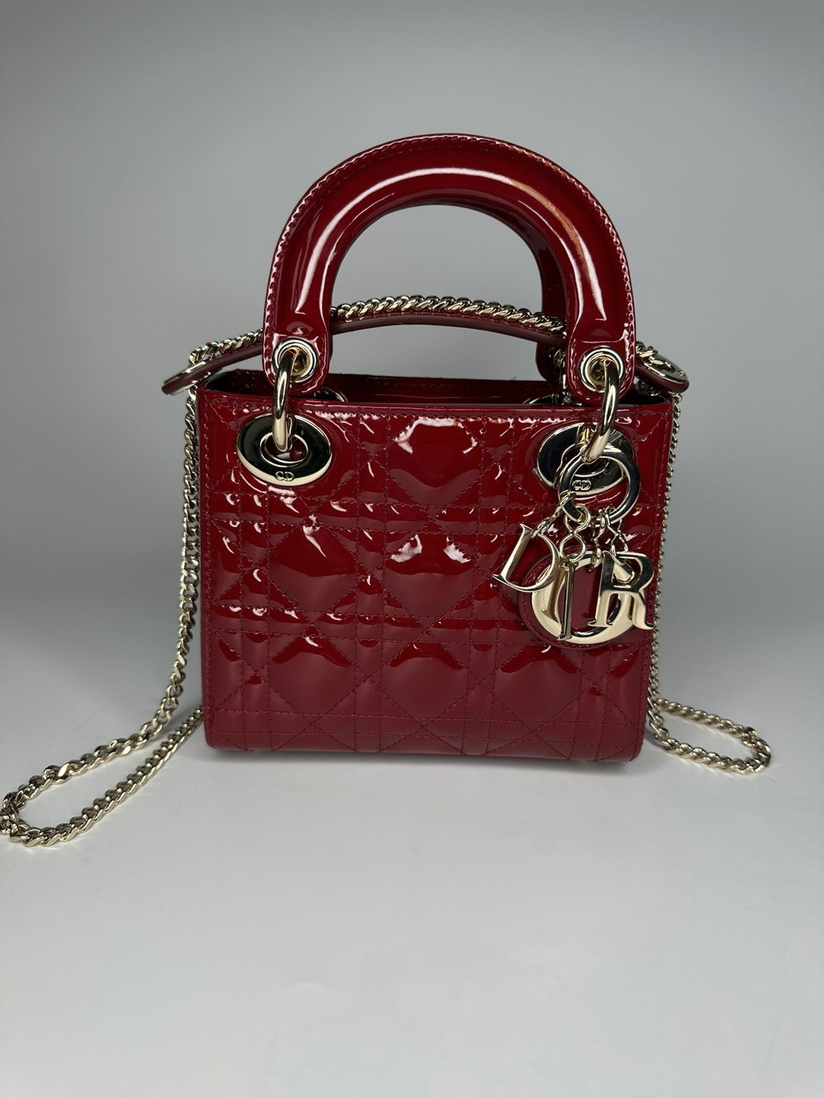 Lady Dior Mini Patent Leather Bag  Cherry Red - With Detachable Chain
