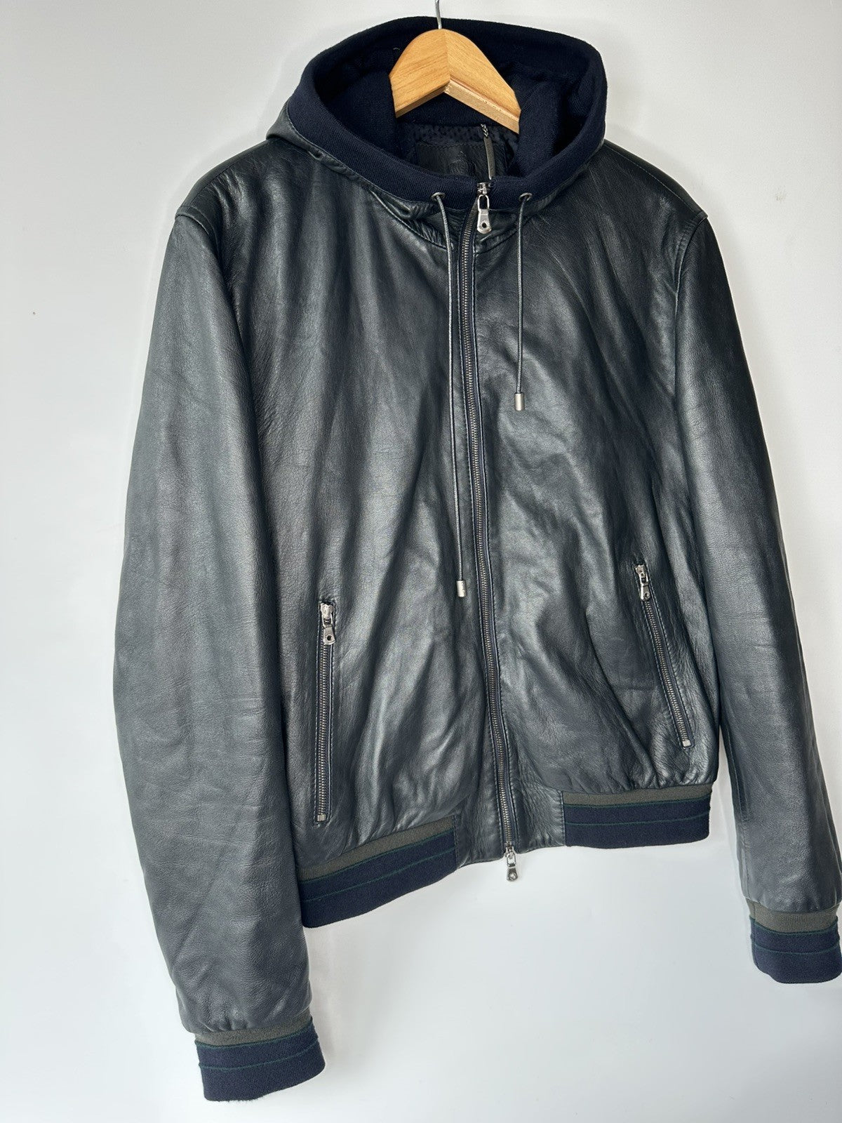 Dolce & Gabbana Dark Navy Lambskin Leather  Hooded Jacket Size 52 XL Mens