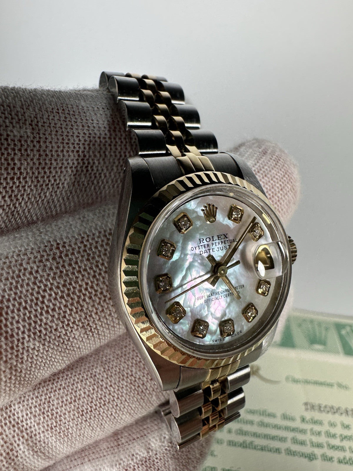 Ladies Steel & Gold Rolex Datejust White Mother Of Pearl Diamond Dial + Papers