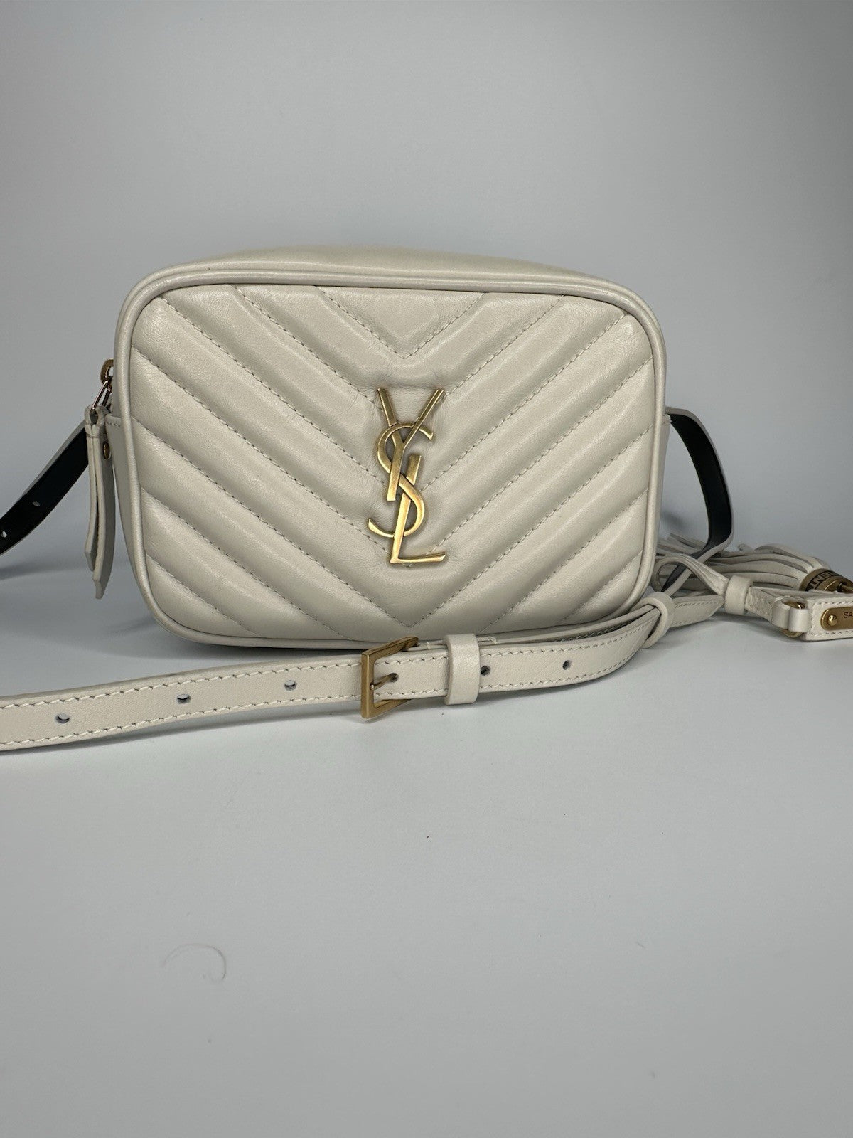YSL Saint Laurent Cross Body Bag Beige Leather Gold Hardware