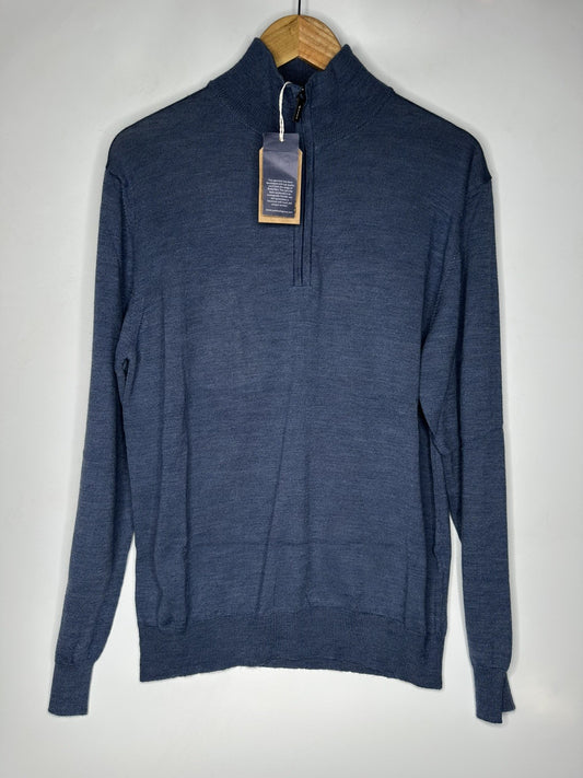 Oscar Milo Bella Yarn Large Quarter Zip Mens Blue Merino Wool