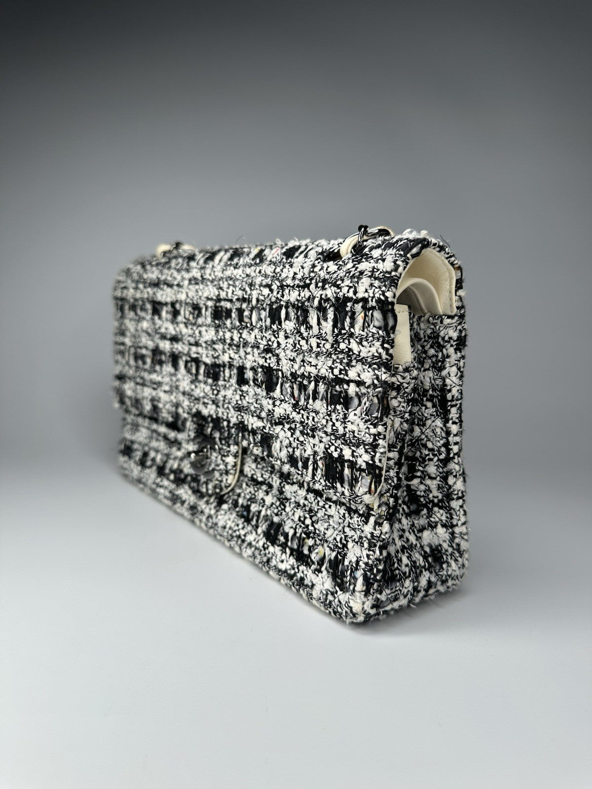 Chanel Medium Classic Double Flap Crossbody Shoulder Bag Tweed Black White