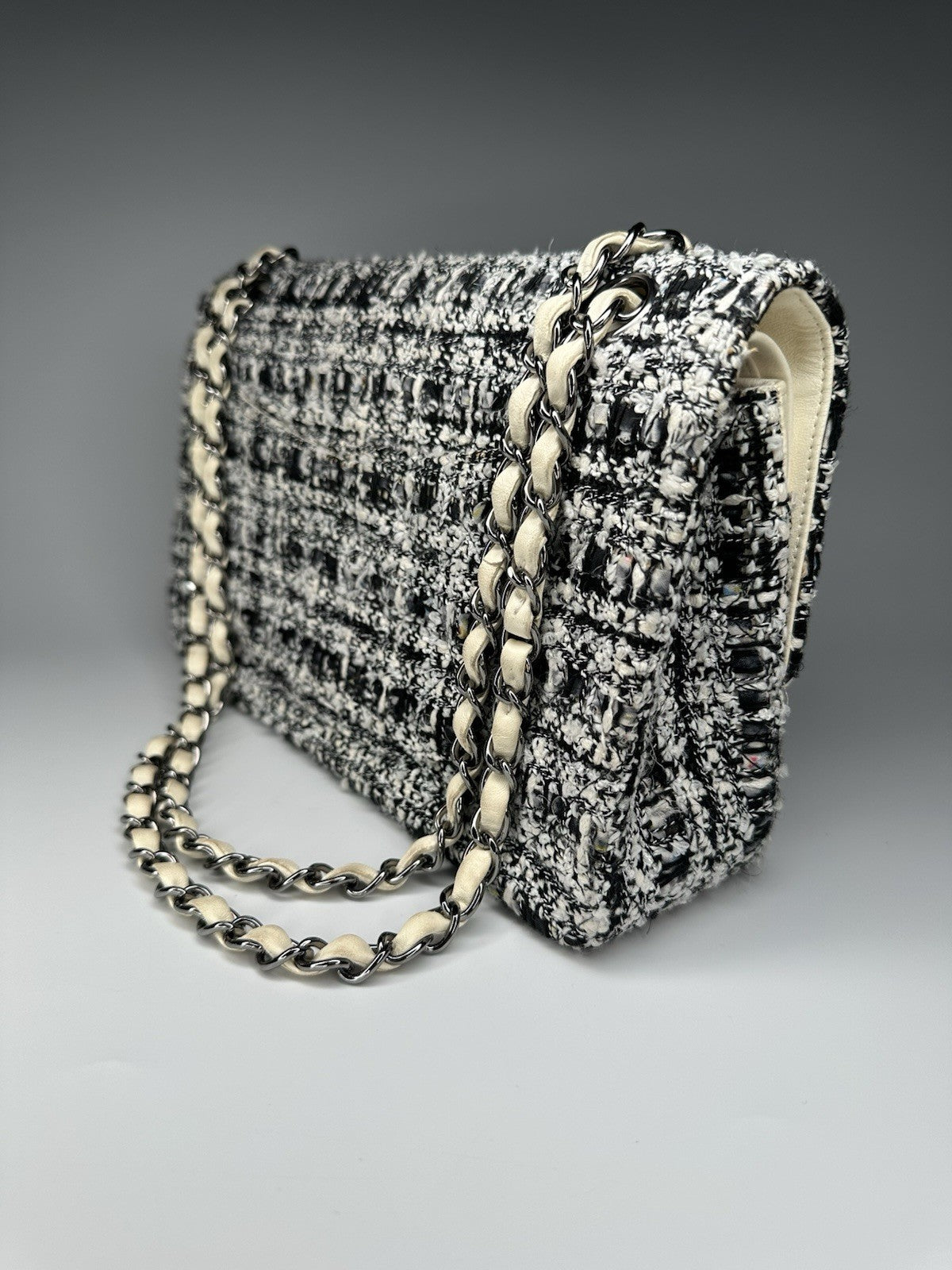 Chanel Medium Classic Double Flap Crossbody Shoulder Bag Tweed Black White