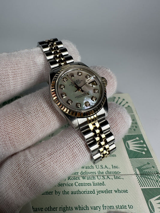 Ladies Steel & Gold Rolex Datejust White Mother Of Pearl Diamond Dial + Papers