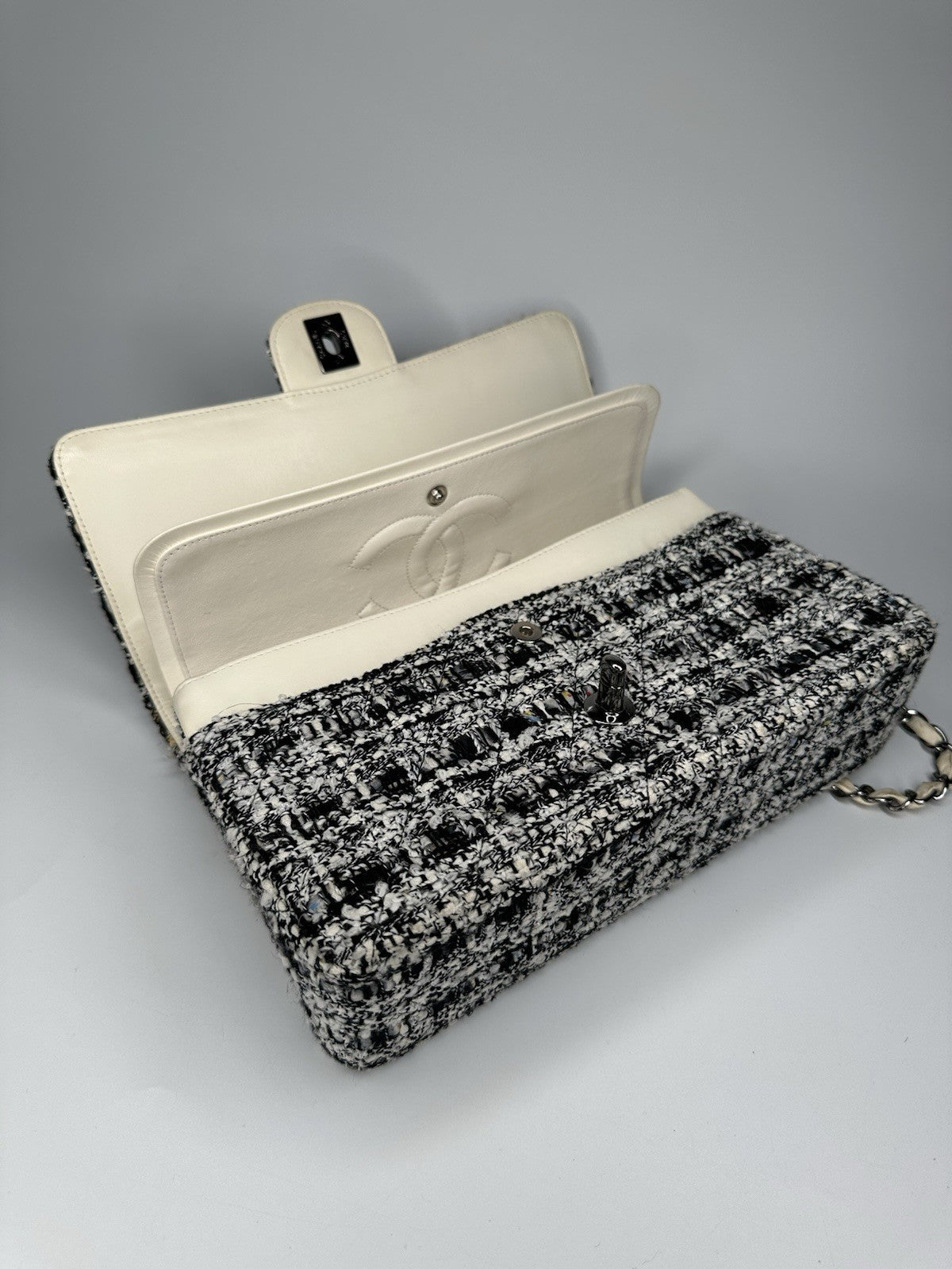 Chanel Medium Classic Double Flap Crossbody Shoulder Bag Tweed Black White