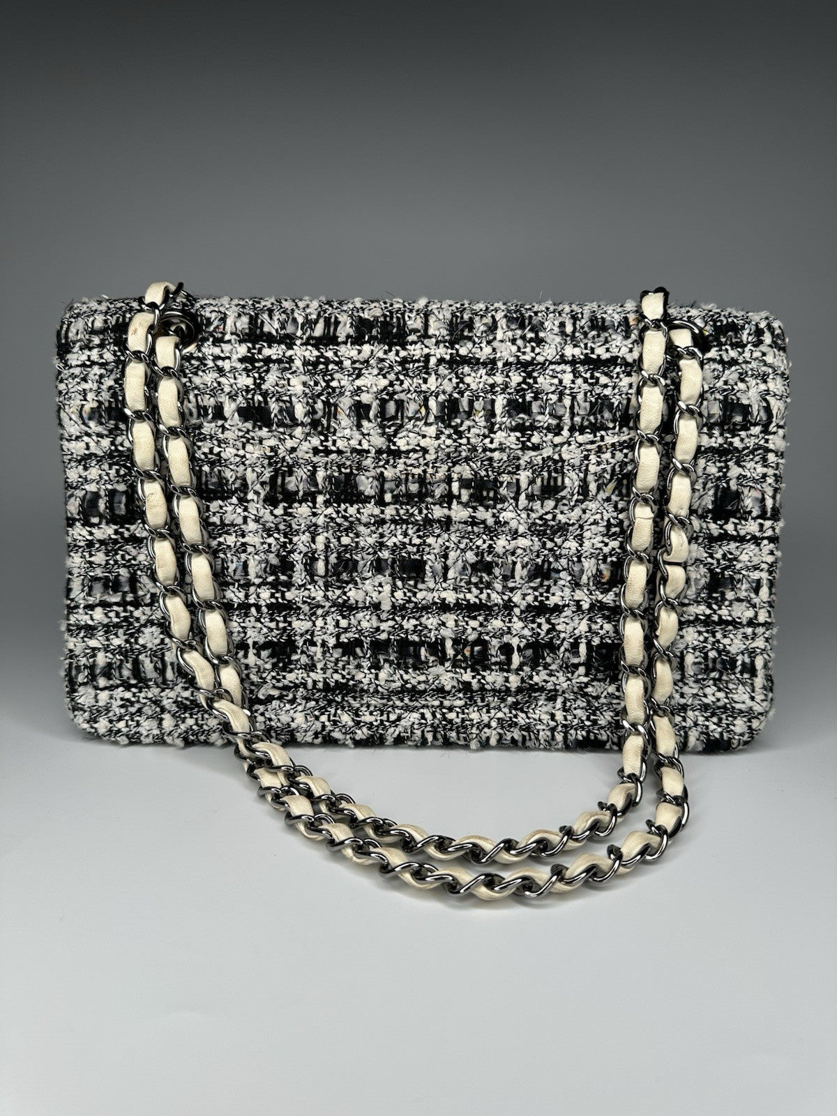 Chanel Medium Classic Double Flap Crossbody Shoulder Bag Tweed Black White