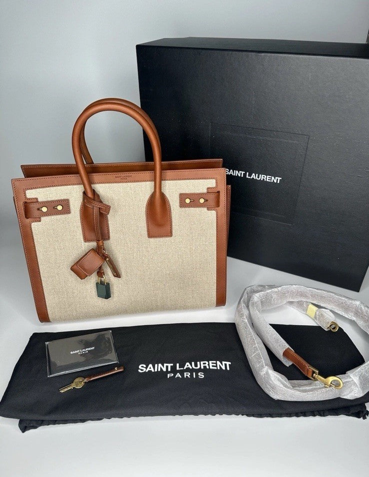 Saint Laurent Sac De Jour Leather Calfskin & Linen Cognac RRP €2990