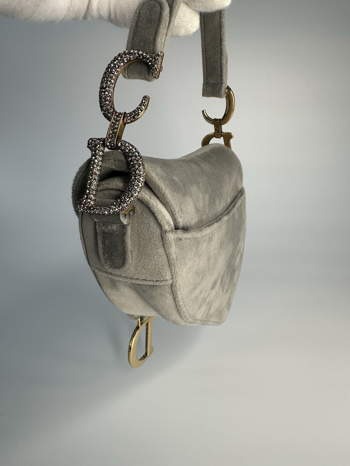 Christian Dior Saddle Shoulder Bag Mini Grey Velvet Crystal Embellished