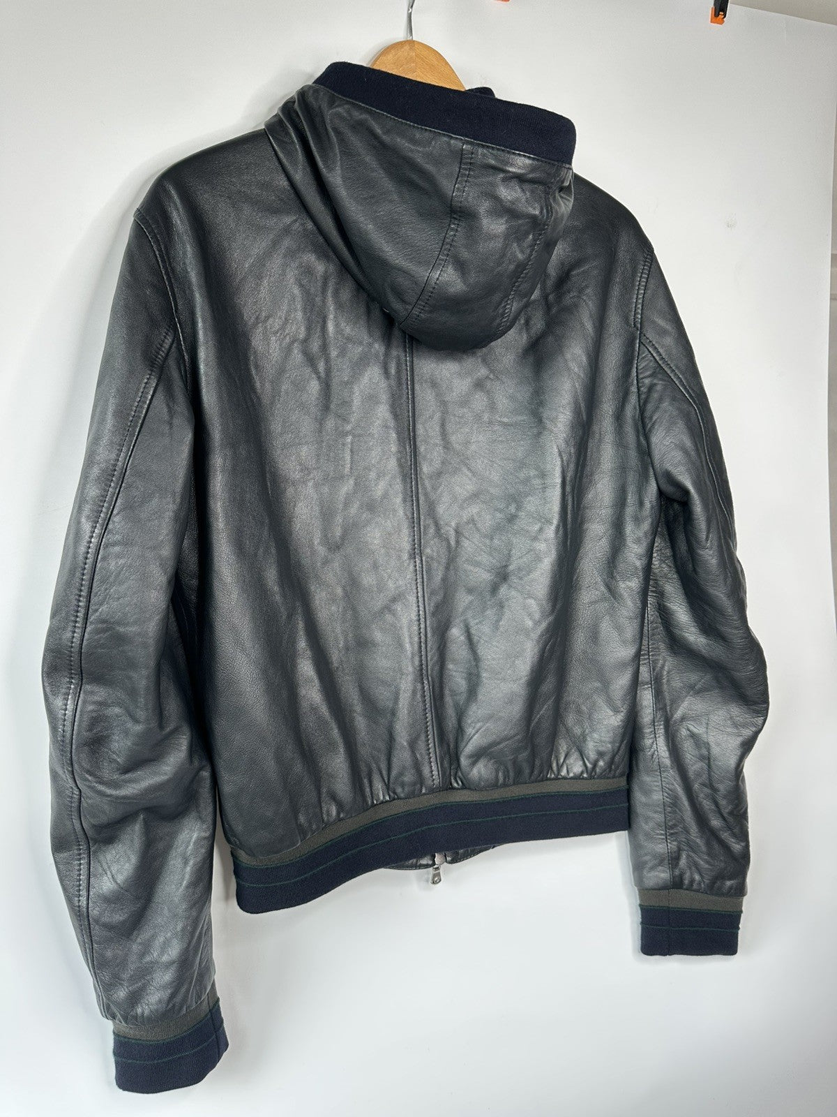 Dolce & Gabbana Dark Navy Lambskin Leather  Hooded Jacket Size 52 XL Mens