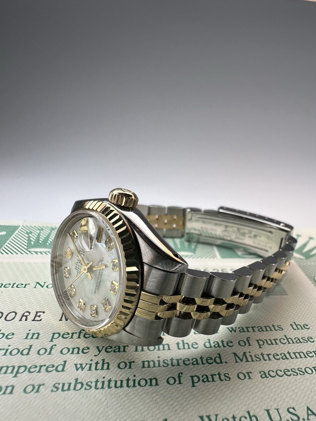 Ladies Steel & Gold Rolex Datejust White Mother Of Pearl Diamond Dial + Papers