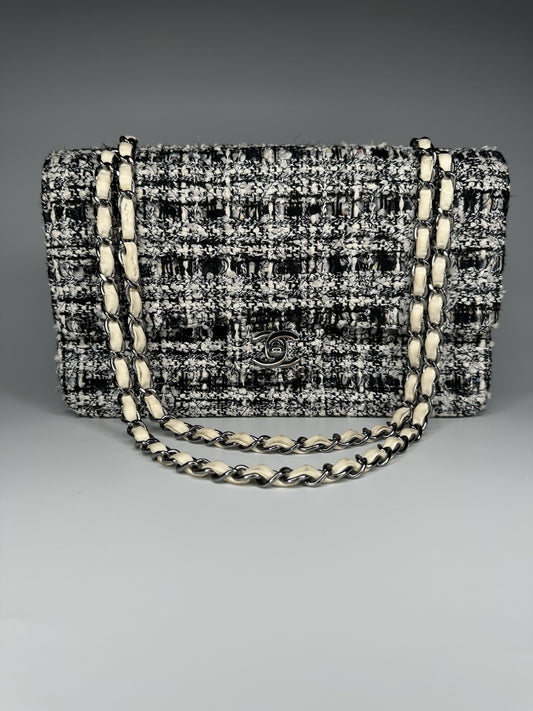 Chanel Medium Classic Double Flap Crossbody Shoulder Bag Tweed Black White