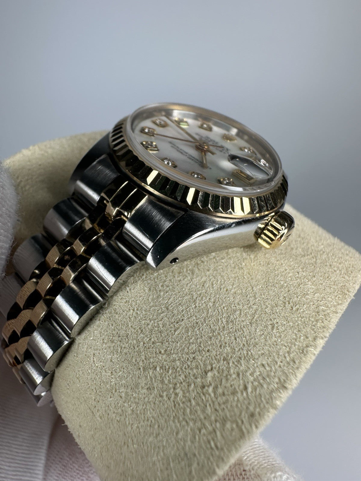 Ladies Steel & Gold Rolex Datejust White Mother Of Pearl Diamond Dial + Papers