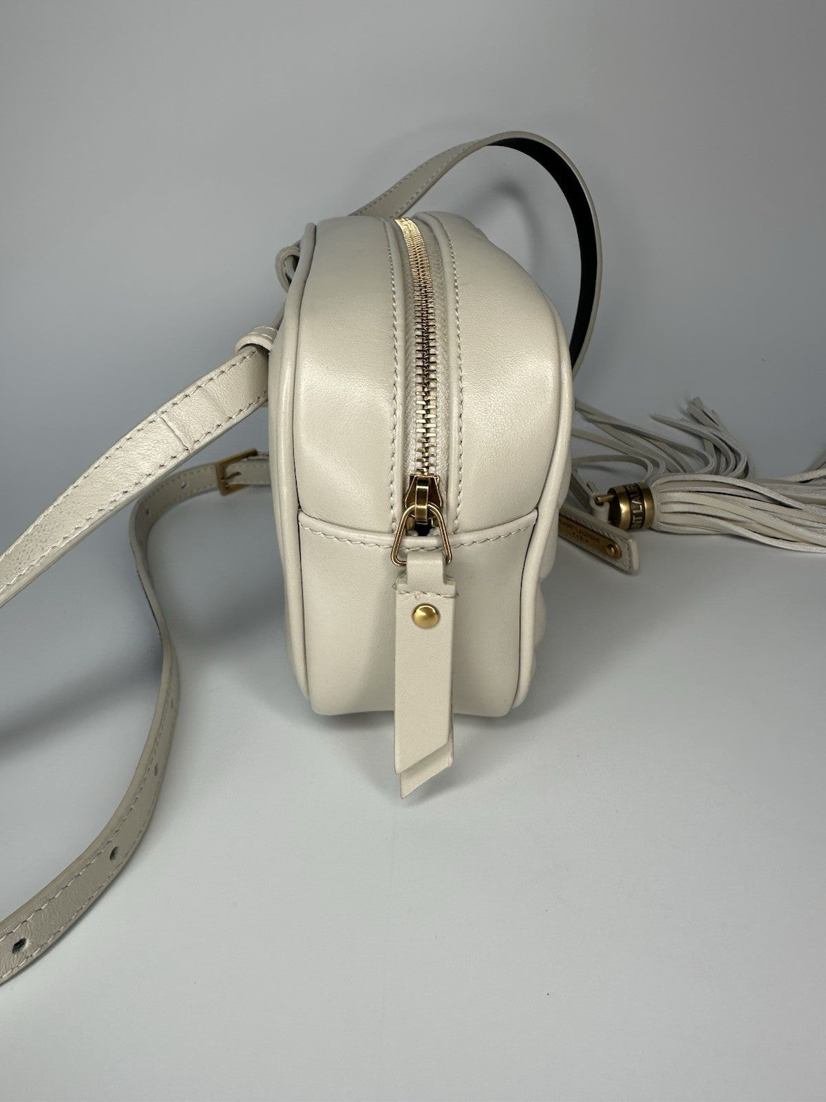 YSL Saint Laurent Cross Body Bag Beige Leather Gold Hardware